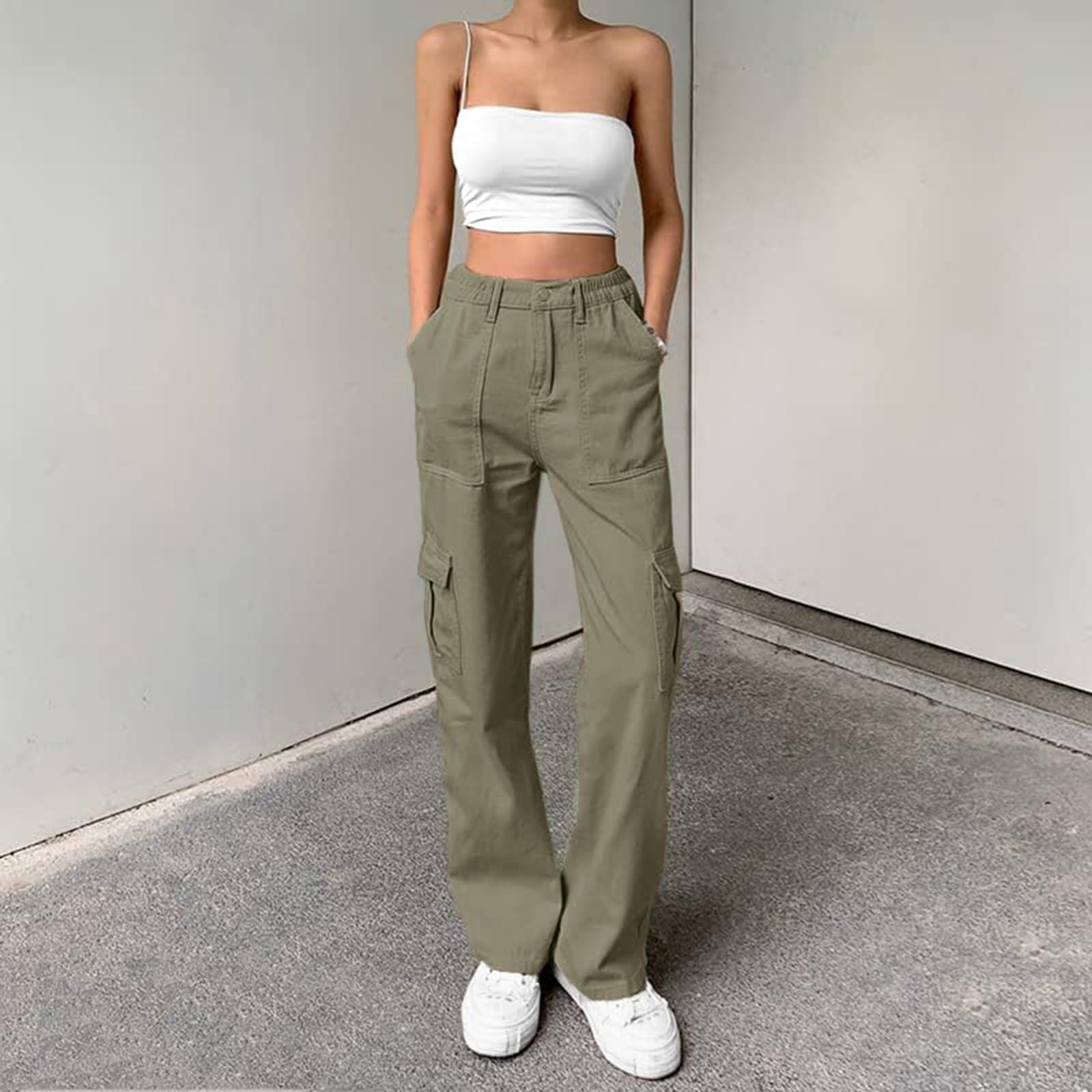 Cargo Pants Women High Waist Baggy Cargo Jeans Relaxed Fit Y2K Streetwear Pants Casual Elastic Waistband Combat Military Trousers L-Gray Green.