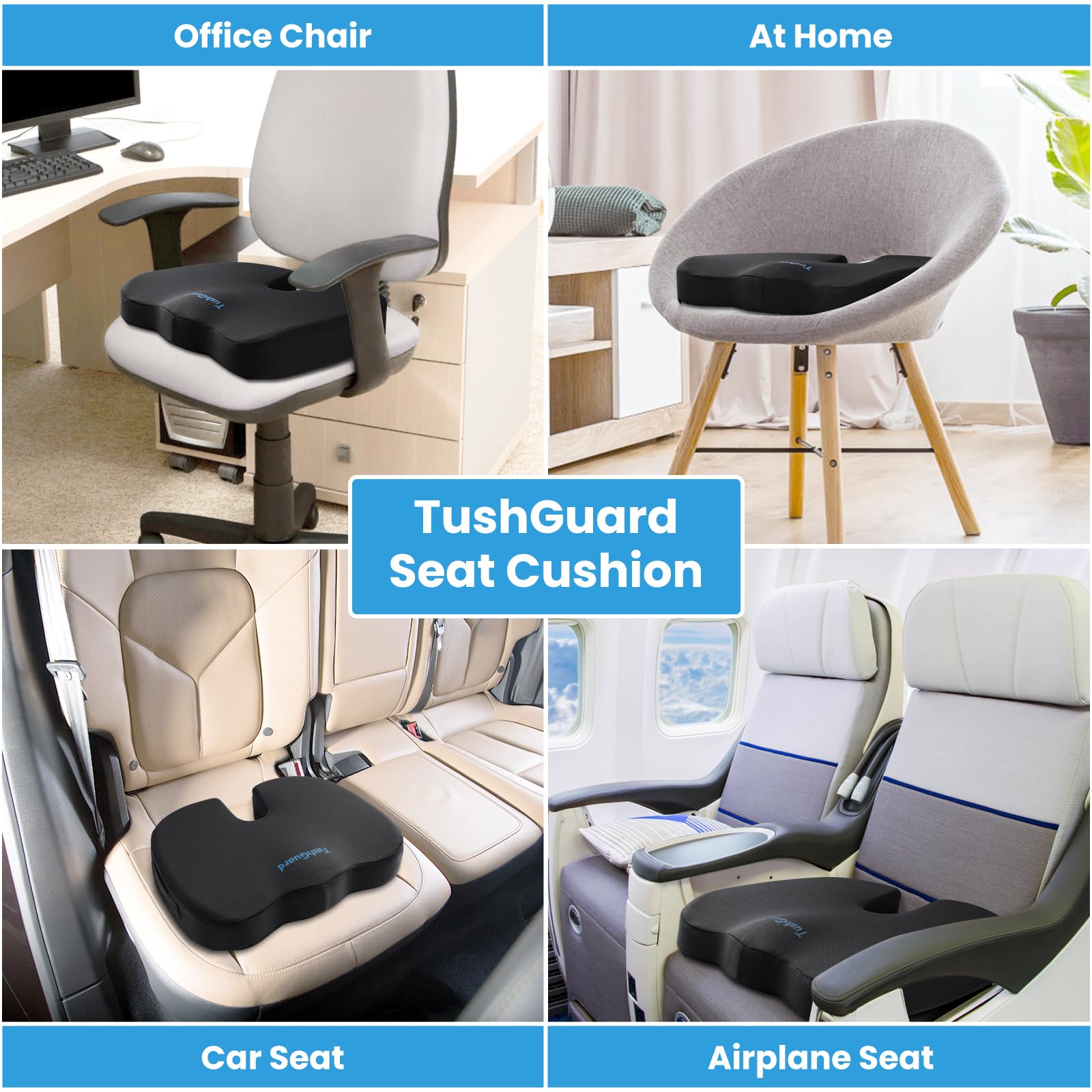 TushGuard Seat Cushion, Office Chair Cushions, Car Seat Cushion, Non-Slip Sciatica & Back Coccyx Tailbone Pain Relief Chair Pad, Memory Foam Butt Pillow for Computer Desk, Office Chair