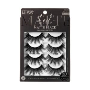 kiss lash couture 3d matte false eyelashes, matte cheviot', 18mm-20mm, includes 4 pairs of lashes, contact lens friendly, easy to apply, reusable strip lashes