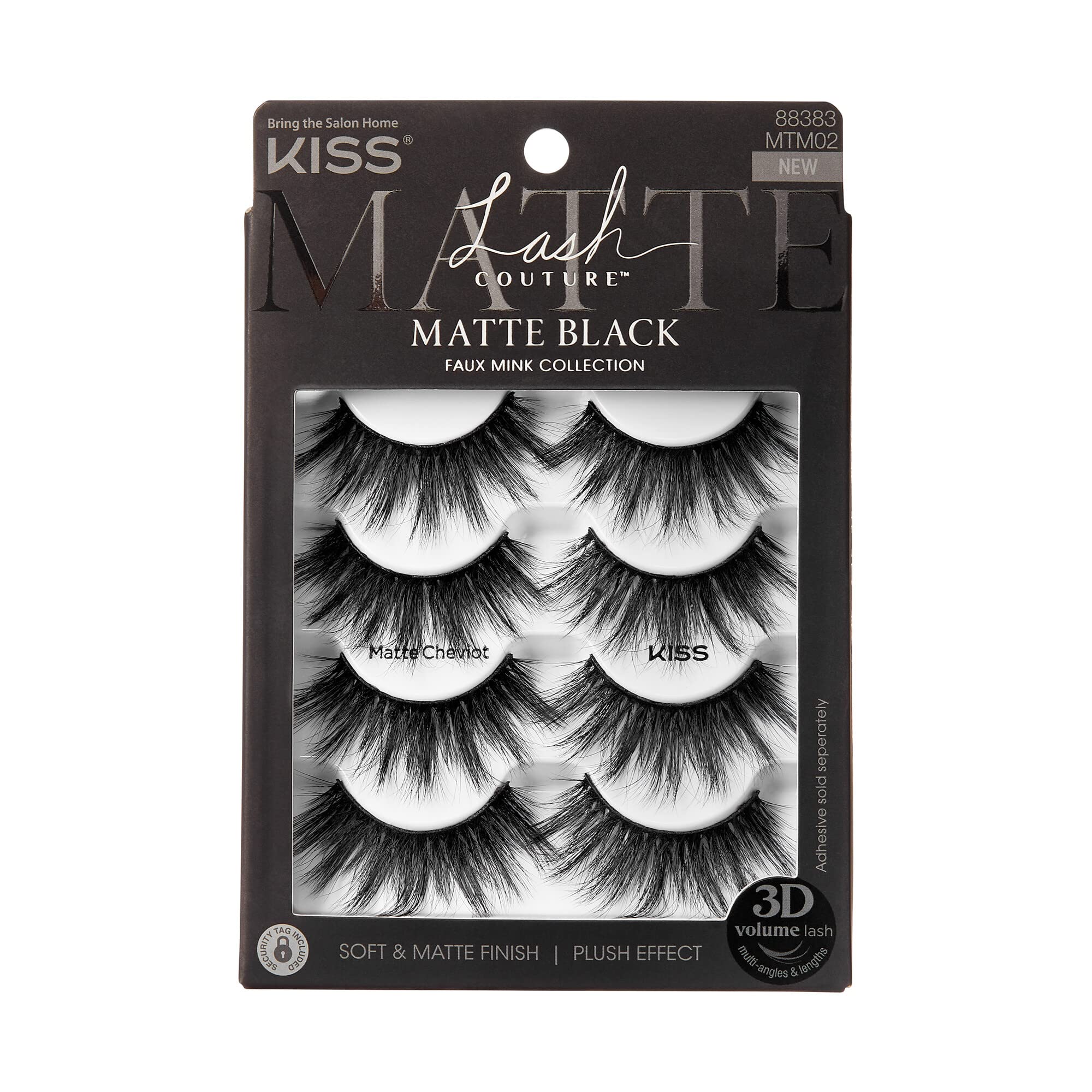 KISS Lash Couture 3D Matte False Eyelashes, Matte Cheviot', 18mm-20mm, Includes 4 Pairs Of Lashes, Contact Lens Friendly, Easy to Apply, Reusable Strip Lashes