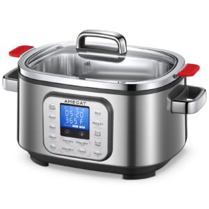 amegat slow cooker 6 quart, 10 in 1 programmable cooker, rice cooker, sauté, steamer & more, stainless steel inner pot, steaming rack & glass lid, delay start, adjustable temp & time with led display