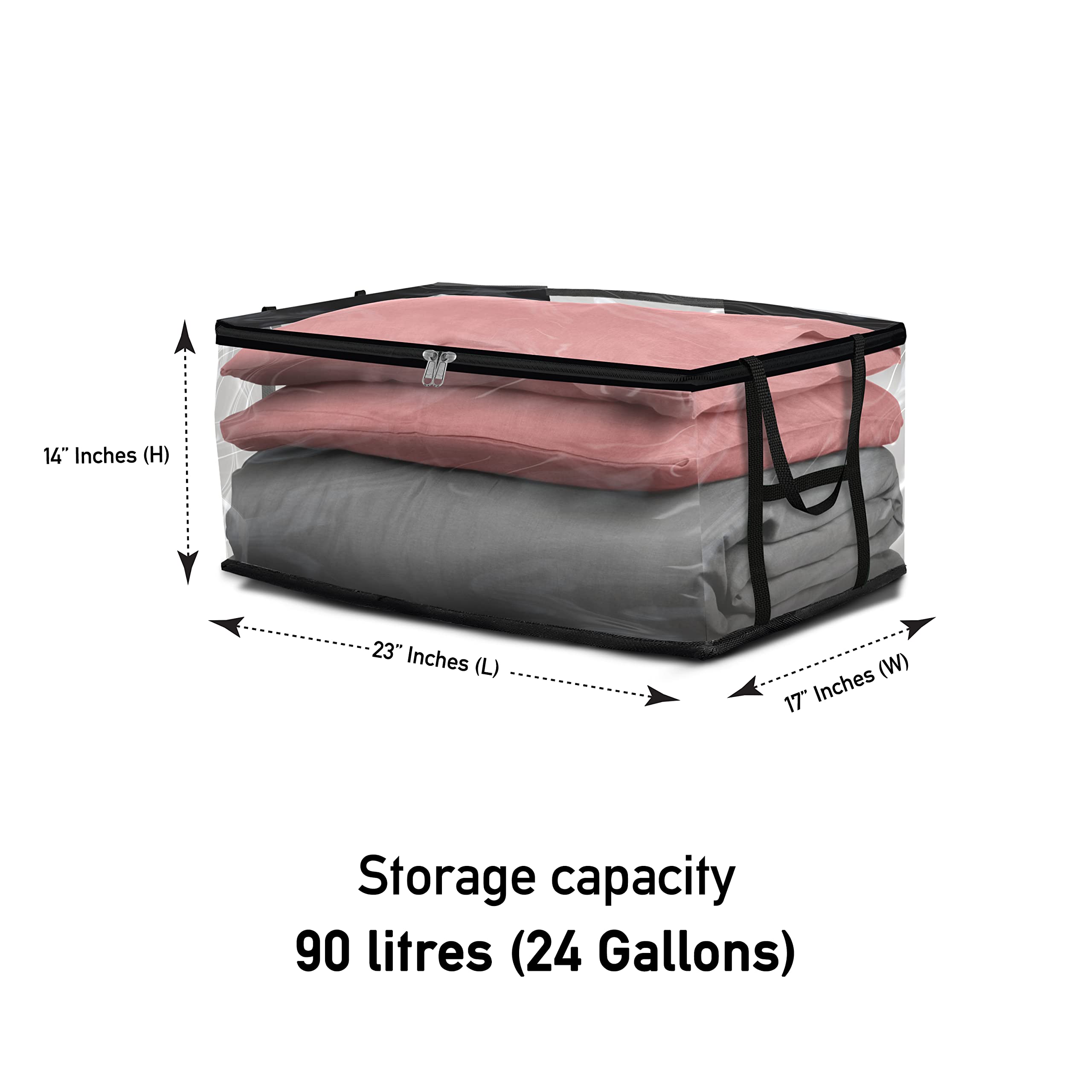 Covers & all Clear Storage Bag, 90 litres Large size, Heavy Duty 20 mil Clear PVC fabric, Multi-purpose Organizer with zipper and handles (23”L x 17"W x 14"H, Pack of 6)