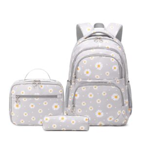 yjmkoi 3pcs daisy prints backpack for girls middle-school elementary students bookbag set with lunch box (grey)