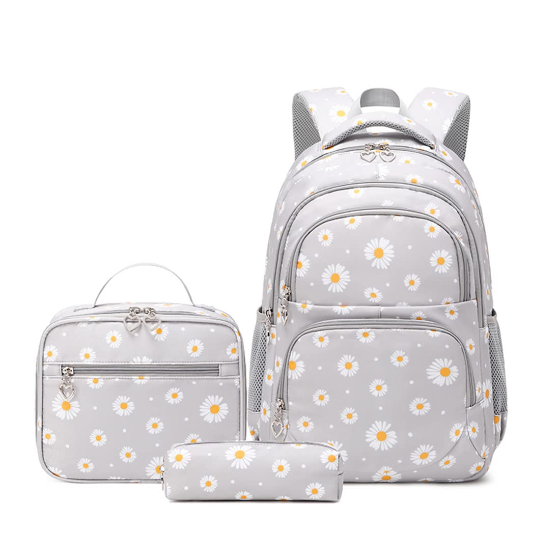 YJMKOI 3Pcs Daisy Prints Backpack for Girls Middle-School Elementary Students Bookbag Set with Lunch Box (Grey)