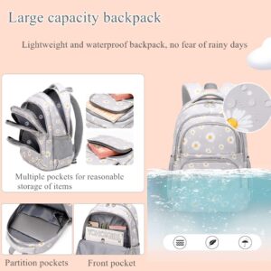 YJMKOI 3Pcs Daisy Prints Backpack for Girls Middle-School Elementary Students Bookbag Set with Lunch Box (Grey)