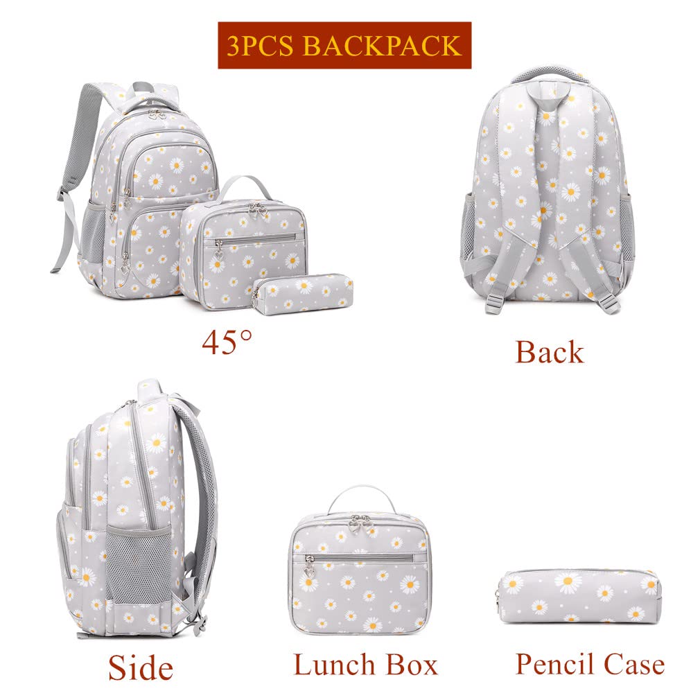 YJMKOI 3Pcs Daisy Prints Backpack for Girls Middle-School Elementary Students Bookbag Set with Lunch Box (Grey)