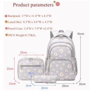 YJMKOI 3Pcs Daisy Prints Backpack for Girls Middle-School Elementary Students Bookbag Set with Lunch Box (Grey)