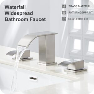 GAGALIFE Waterfall Bathroom Faucets for Sink 3 Hole - Brushed Nickel Bathroom Faucet with Pop-up Drain, 8 Inch Widespread Bathroom Sink Faucet 2-Handles, Modern Vanity Faucet with Supply Lines