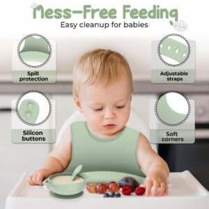 WANDA KIDZ Silicone Baby Feeding Set - Baby Led Weaning Supplies - 6PC Self Feeding Baby Utensils; Suction Plate, Bowl, Bib, Cup, Spoon, Fork - First Stage Baby Eating Essentials - 4+ Months - Blue