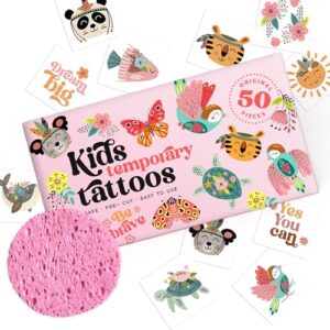 kids temporary tattoos - made in europe hypoallergenic, pre-cut, 50 pcs original kid tattoos, designs with sea world, butterflies, flowers, motivational words - gift tattoos for boys and girls