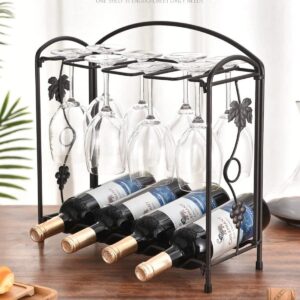 countertop wine rack - hold 4 wine bottles and 8 glasses multifunctional dis assembly small wine rack - 1 tier tabletop wine holder stand for cabinet, pantry, wine bottle storage
