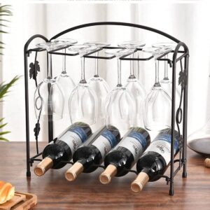 Countertop Wine Rack - Hold 4 Wine Bottles and 8 Glasses Multifunctional dis Assembly Small Wine Rack - 1 Tier Tabletop Wine Holder Stand for Cabinet, Pantry, Wine Bottle Storage