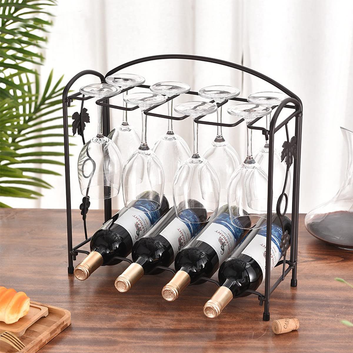 Countertop Wine Rack - Hold 4 Wine Bottles and 8 Glasses Multifunctional dis Assembly Small Wine Rack - 1 Tier Tabletop Wine Holder Stand for Cabinet, Pantry, Wine Bottle Storage