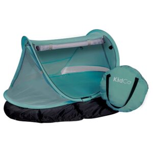 kidco peapod prestige lightweight pop up portable toddler travel bed with toy loops, storage pocket, and carry bag for outdoors, seafoam