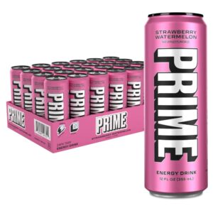 prime energy drink by logan paul & ksi naturally flavored, 200mg caffeine, zero sugar, 300mg electrolytes, vegan, 12 fl oz per can (strawberry watermelon, 24 pack)