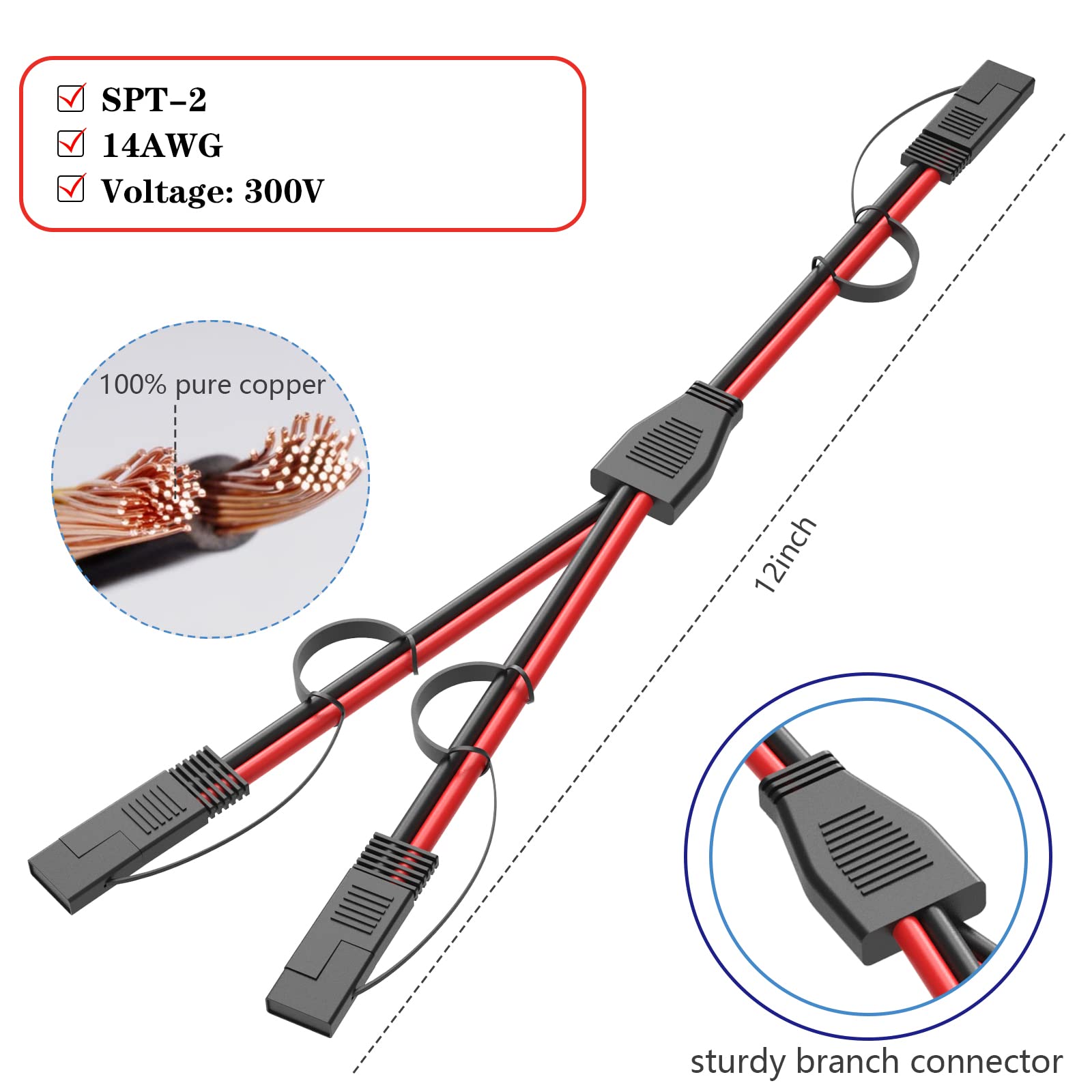 14AWG SAE Y Splitter Cable SAE Quick Disconnect Connector, DC Power Automotive Adapter 1 to 2 SAE to SAE Extension Cable for Solar Panel Battery Charger, 12 inch with Waterproof Caps