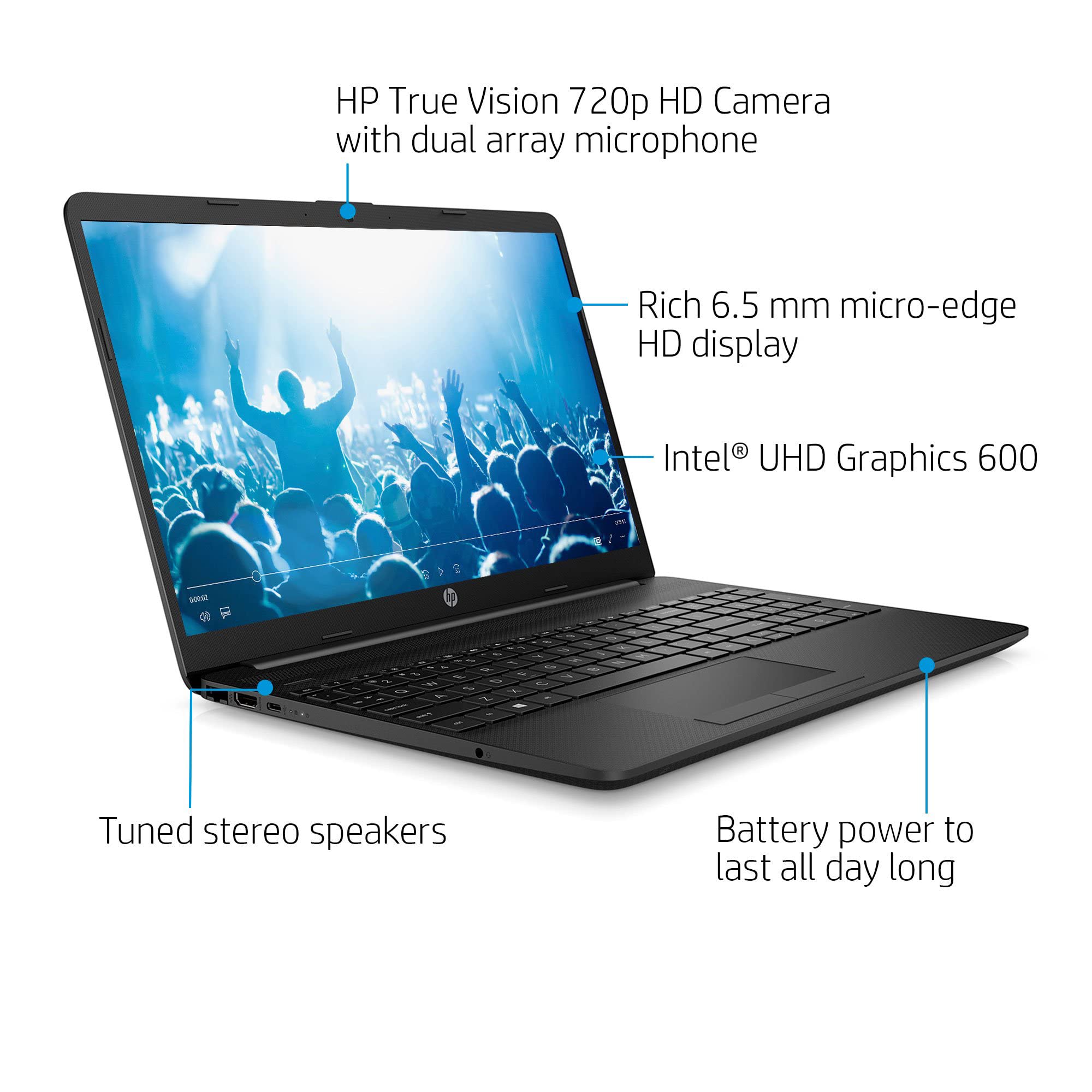 HP 2023 Newest Pavilion 15.6'' HD Laptop,Quad Core Intel Pentium N5030 (Upto 3.1GHz),8GB RAM,256GB SSD,Intel UHD Graphics,WiFi,HD Webcam,HDMI,RJ-45,10+ Hour Battery,Win 11+MarxsolCables Black