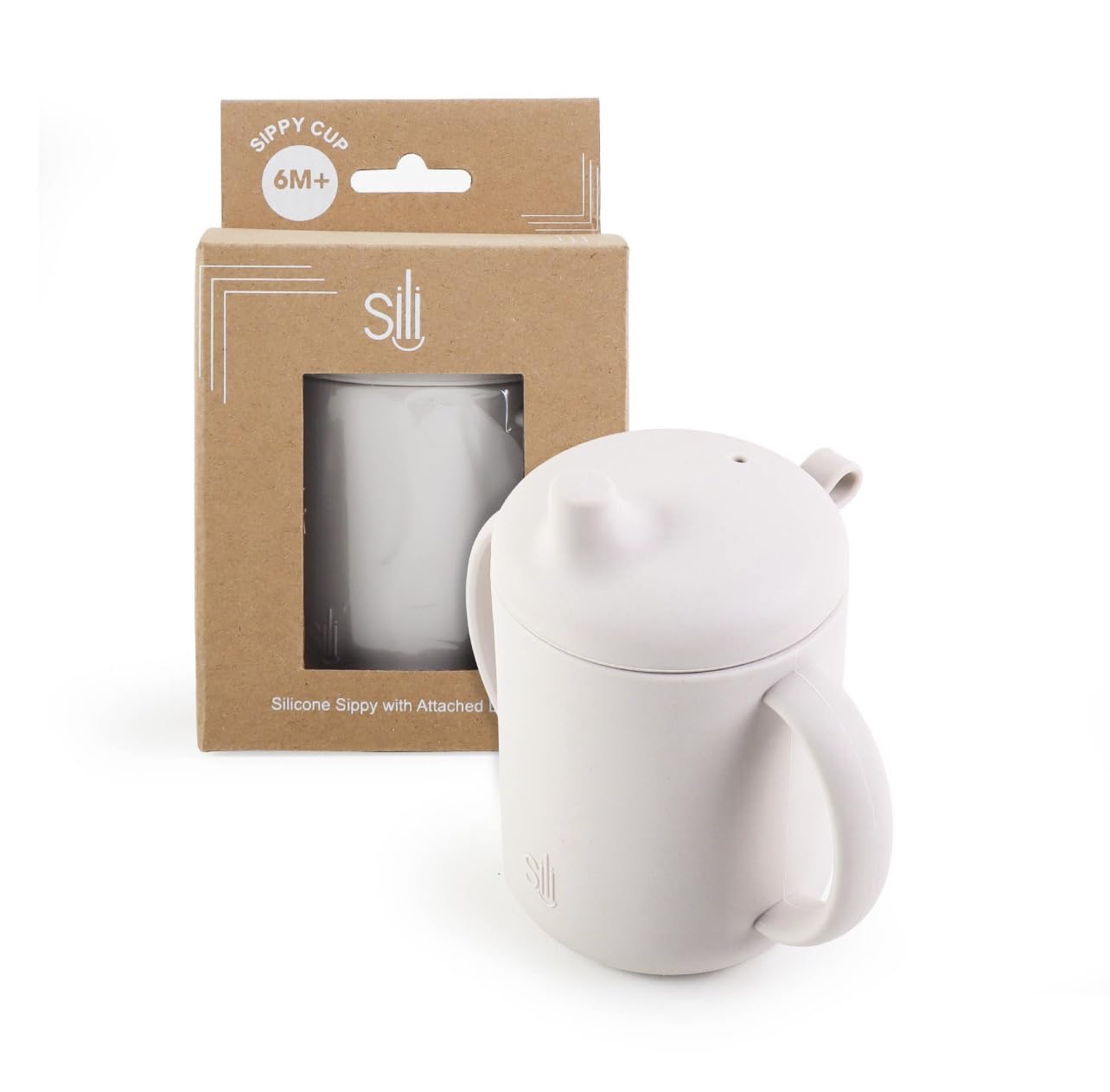 Sili Silicone Sippy Cup For Toddlers/Babies with Attached Lid and Handles, Spill-Proof Spout, BPA Free, Dishwasher Safe/Microwave Safe (Oat Milk)