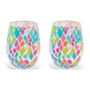 mary square pink teal mosaic santorini 8 ounce glass stemless wine tumbler set of 2