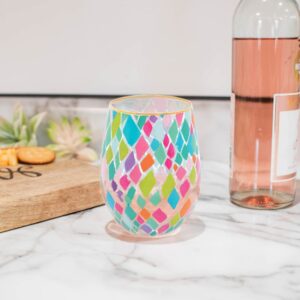 Mary Square Pink Teal Mosaic Santorini 8 ounce Glass Stemless Wine Tumbler Set of 2