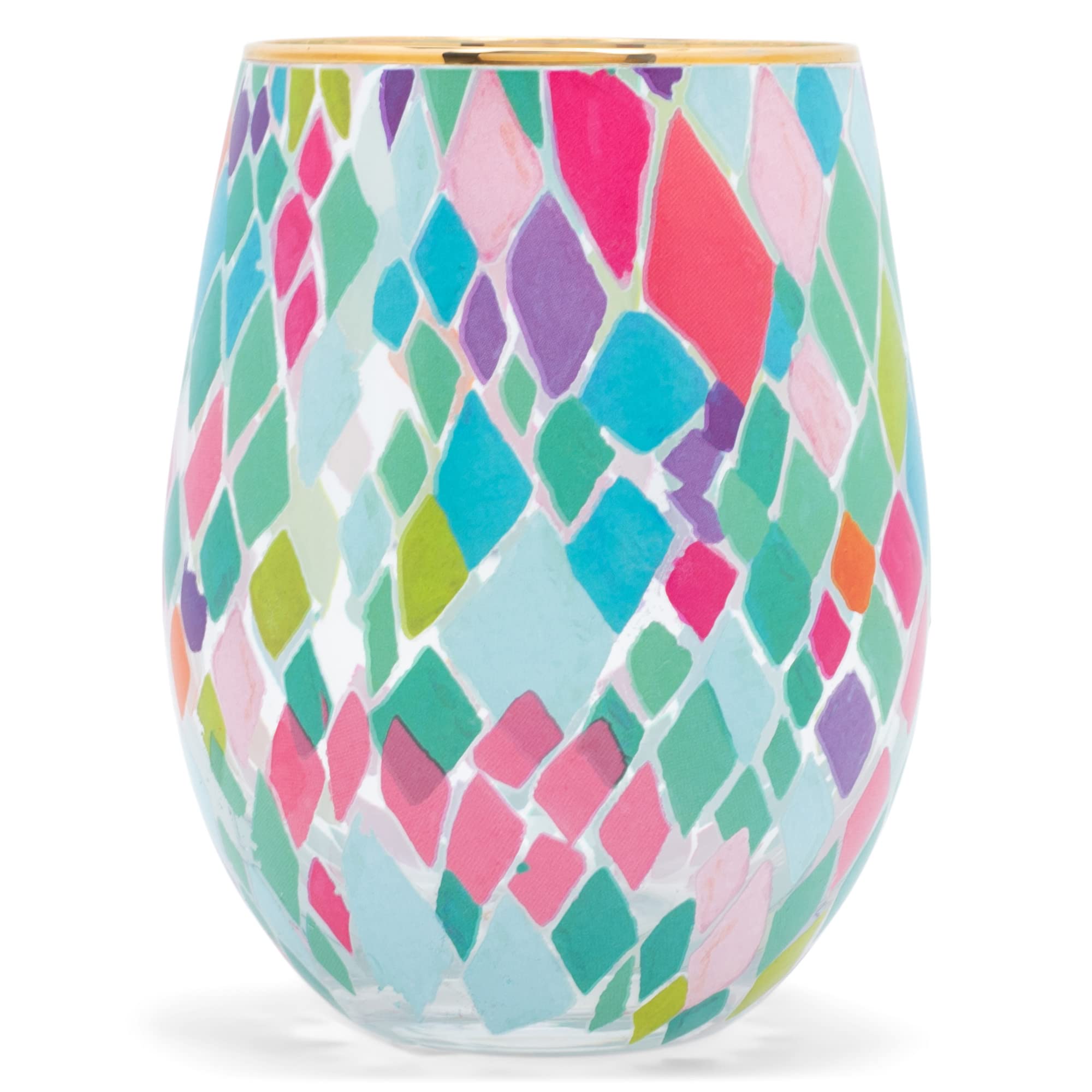 Mary Square Pink Teal Mosaic Santorini 8 ounce Glass Stemless Wine Tumbler Set of 2