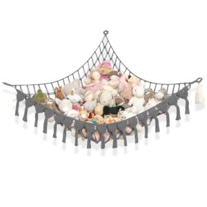 abby baby extra large stuffed animal storage hammock corner with led lights – 25lb capacity hanging toy net for small or large plushies, boho macrame squishmallow, plush net, gray