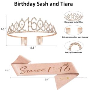 Sweet 16 Party Decorations, Rose gold 16th Birthday Decorations for Girls, Happy Birthday Banner, Curtains, Cake Topper, Bday Sash and Crown, Balloons for Her Sixteen Years Birthday