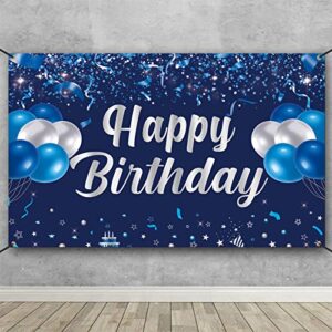 trgowaul happy birthday banner backdrop, blue and silver birthday party decorations, birthday party supplies men women, birthday gifts photo background banner decor girls boys kids outdoor indoor