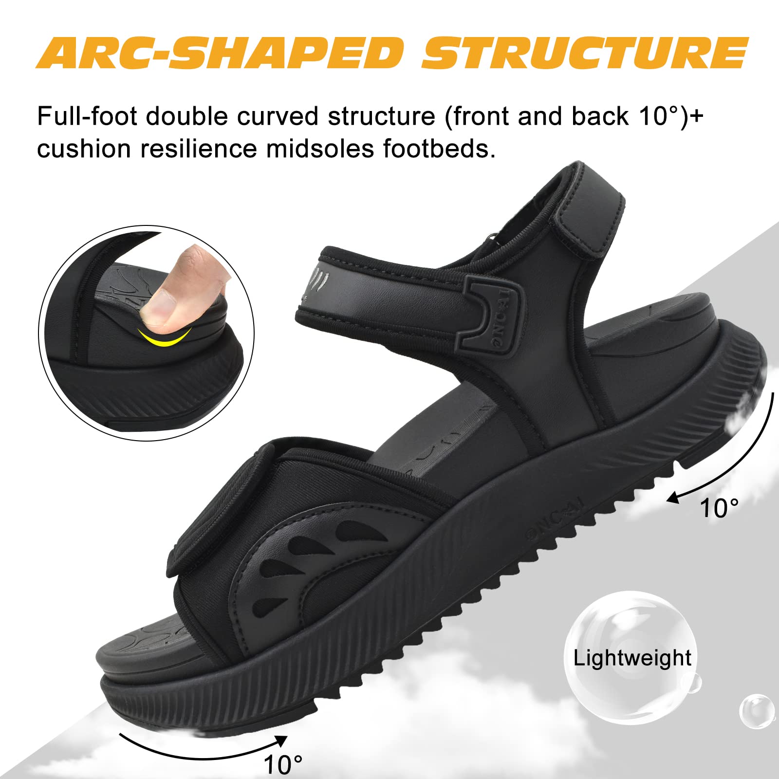 ONCAI Walking Sandals Women,Arch Support Hiking Sandals with Orthotic Outdoor Footbed for Plantar Fasciitis,Water Athletic Platform Sandalias Mujer with 3 Adjustable Strap Black Size 8