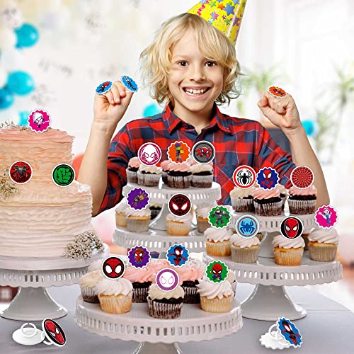 24Pcs Hero Cupcake Topper Birthday Party Favor, Spider Friends Cup Cake Decorations Supplies Finger Rings Gift for Anime Fans Kids, Goody Bag/Easter Egg Stuffers