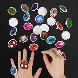 24Pcs Hero Cupcake Topper Birthday Party Favor, Spider Friends Cup Cake Decorations Supplies Finger Rings Gift for Anime Fans Kids, Goody Bag/Easter Egg Stuffers