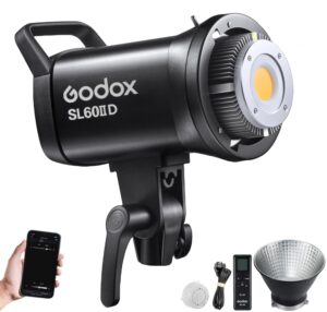 godox sl60iid 70w led video light, 18600lux@1m 5600k cob led continuous light, bluetooth app&2.4g wireless remote control 8 built-in fx effects, tlci/cri 97+/96+bowens mount studio light
