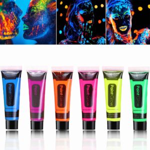 6 pcs glow in the dark face body paint,blacklight neon face & body paints,easily cleanable face & body paint set neon body makeup glow in the dark party supplies