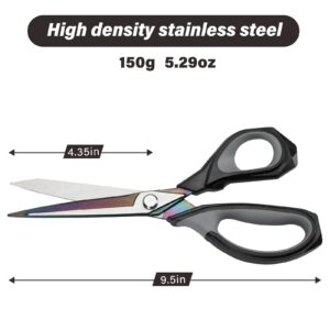 QMVESS Premium Fabric Scissors 9.5 Inch Heavy Duty Scissors All Purpose Titanium Coating Forged Stainless Steel Sewing Scissors, Ergonomic Comfort Grip Shears, for Fabric Leather Carpet (Black Gray)