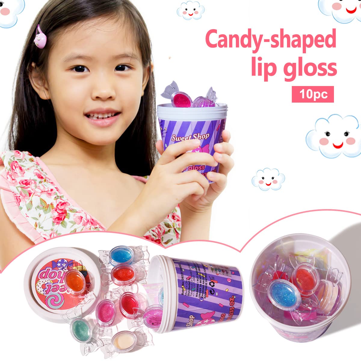 Mebtmel Cute Lip Gloss for Kids, 10PCS Glitter Girls Lip Gloss Set with Shape of Candy, Assorted Flavors Hydrating Lip Balm Party Favor Make-up for Girls and Teens Ages 8-12