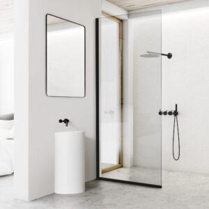 bathroom shower door screen, 34 in. w x 74 in. h single panel frameless shower screen with tempered glass, for bathroom and bathtub, clear shower door screen with matte black rods