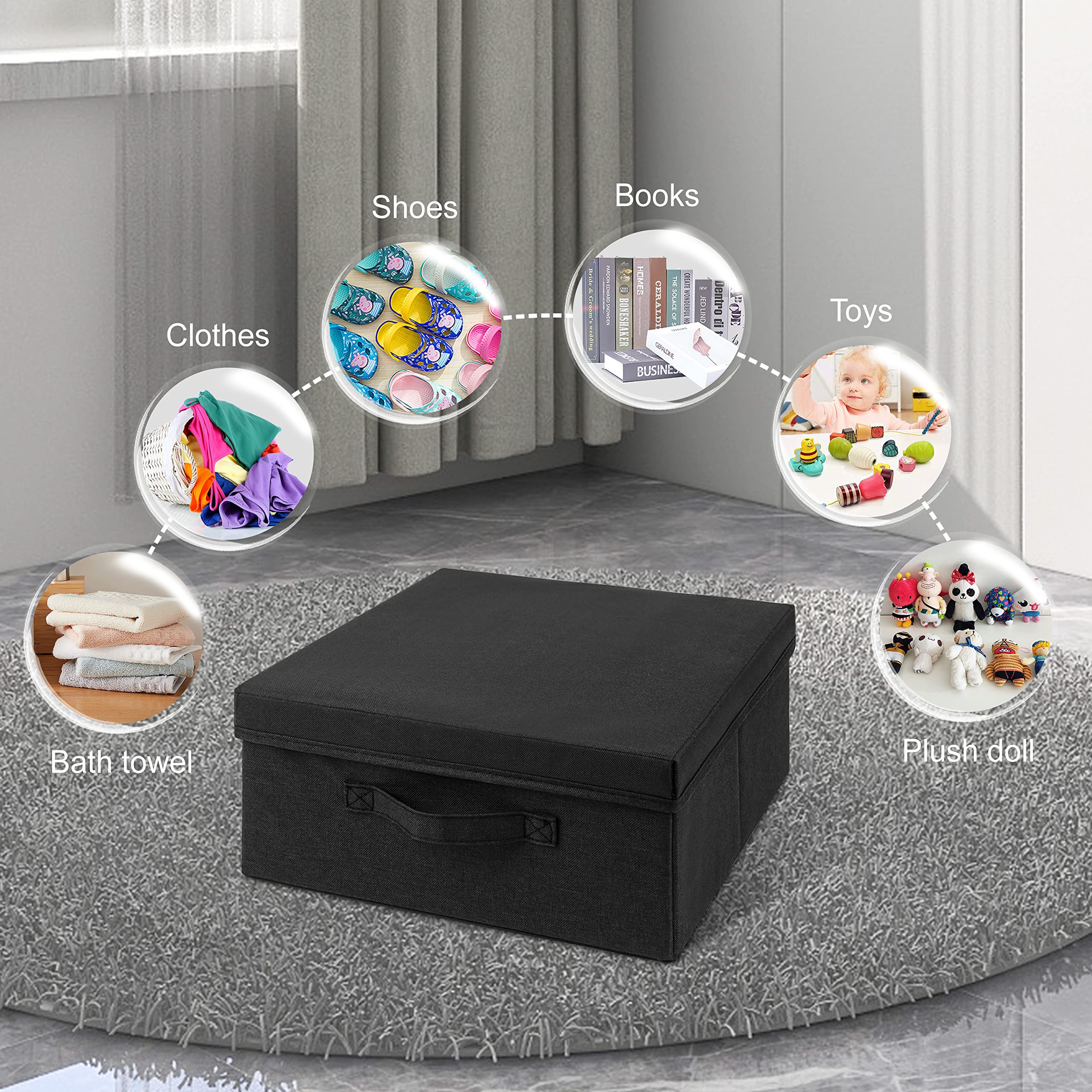 Augfox Set of 3 Storage Bins with LIds - Collapsible Storage Bins, Sturdy Clothing Storage Bins, Multipurpose Lidded Storage Bins for Clothes, Books, Toys, or DVD (Black, 14.2" L x 12.6" W x 6.3" H)