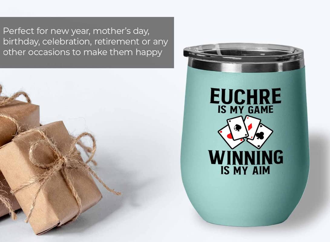 Flairy Land Euchre Teal Wine Tumbler 12oz - Euchre is my game - Euchre Card Game Set Euchre Score Keepers Player Partner Gifts