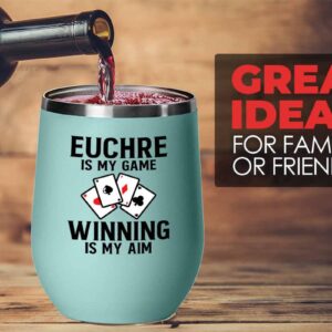 Flairy Land Euchre Teal Wine Tumbler 12oz - Euchre is my game - Euchre Card Game Set Euchre Score Keepers Player Partner Gifts