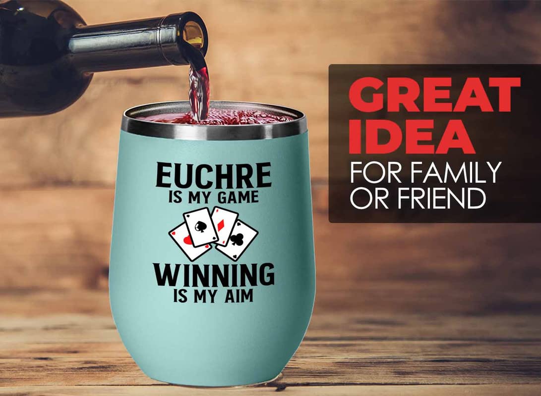 Flairy Land Euchre Teal Wine Tumbler 12oz - Euchre is my game - Euchre Card Game Set Euchre Score Keepers Player Partner Gifts