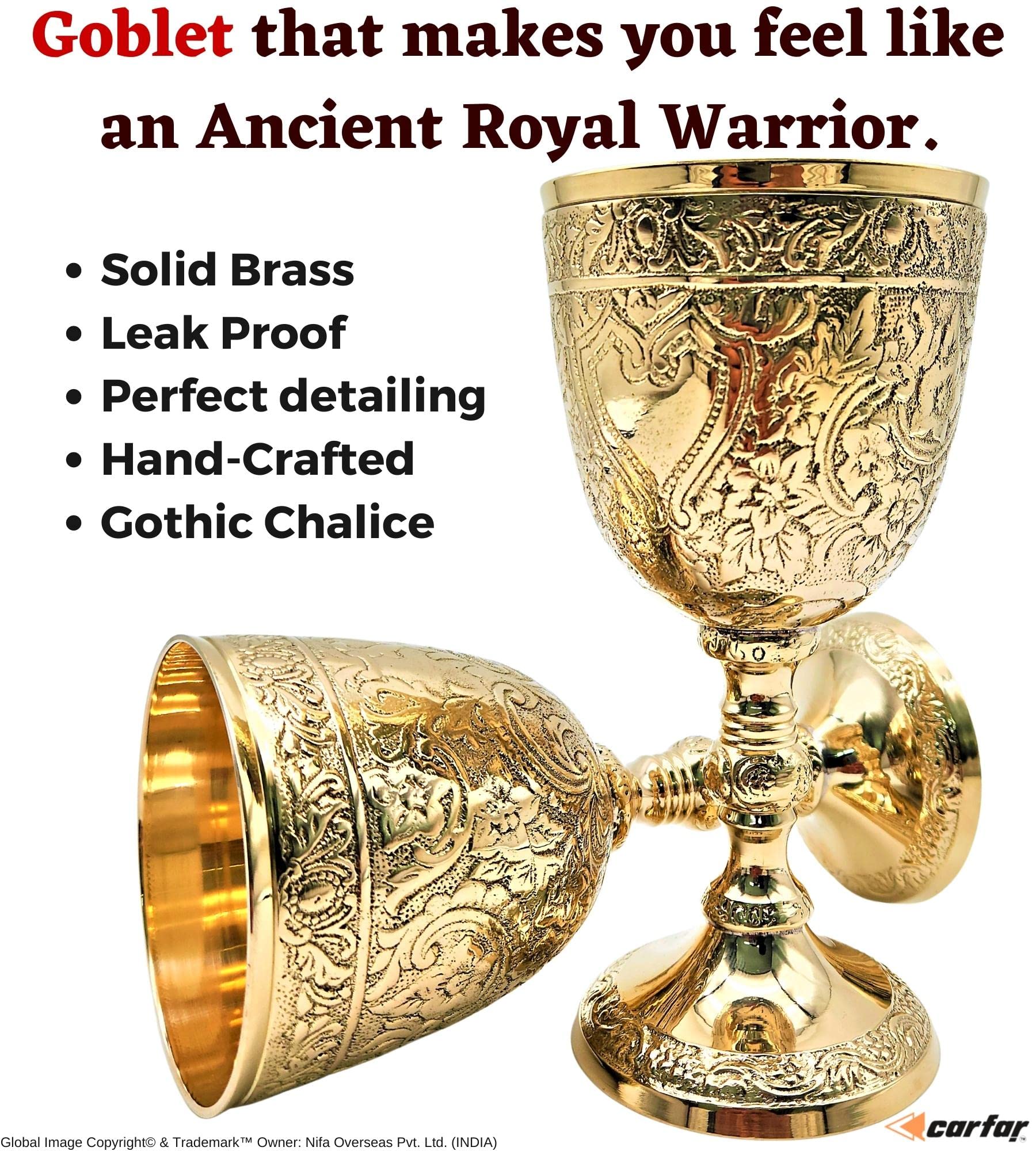 Carfar Wine Goblet Solid Brass Royal Wine Cup Handmade Goblet Medieval Decor Gothic Chalice Pack of 1