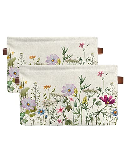 Qumstemily Spring Floral Storage Bins for Shelves, Colorful Herbs Wild Flowers Decorative Basket for Storage, Vintage Collapsible Closet Organizers with Handle, Yarn Basket Storage Box Cubes - 2 Pack