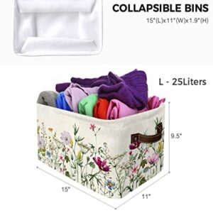 Qumstemily Spring Floral Storage Bins for Shelves, Colorful Herbs Wild Flowers Decorative Basket for Storage, Vintage Collapsible Closet Organizers with Handle, Yarn Basket Storage Box Cubes - 2 Pack