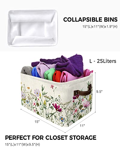 Qumstemily Spring Floral Storage Bins for Shelves, Colorful Herbs Wild Flowers Decorative Basket for Storage, Vintage Collapsible Closet Organizers with Handle, Yarn Basket Storage Box Cubes - 2 Pack