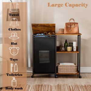 Furnulem Rolling Laundry Hamper with Wood Shelves, Lid & Wheels, Clothes Basket Hamper Organizer for Bathroom, Bedroom, Laundry Room