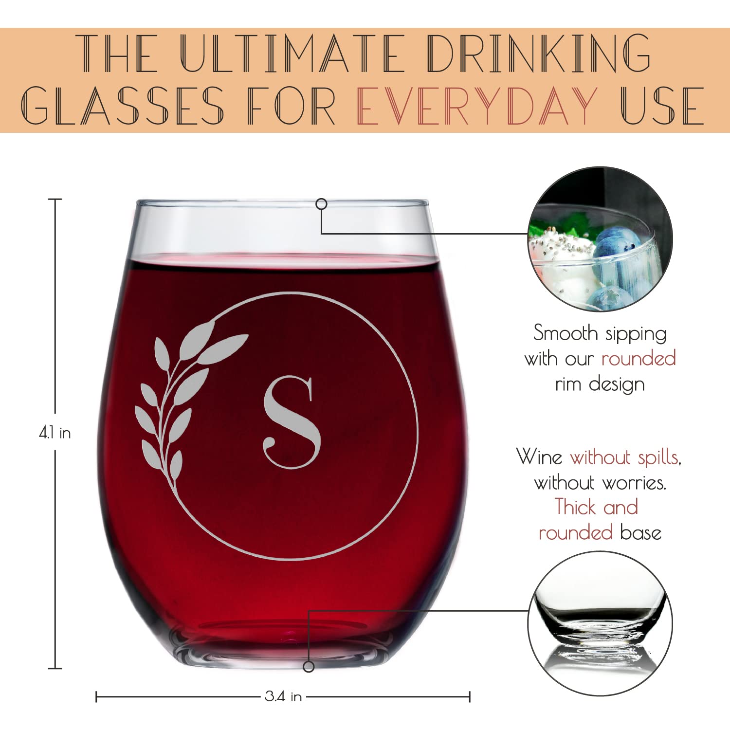 Greenline Goods Letter S Monogram Stemless Wine Glasses - Discover our Crystal Etched Wine Glass - Cocktail Glass with Personalized Initial