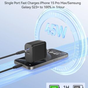 45W USB C Charger, K&ZZ Dual USB-C GaN Charger Foldable PD Super Fast Charger Block Compact Type C Wall Charger for iPhone 15/ 15Pro, Galaxy S23 Ultra/ S22/ Note, MacBook, iPad (45W, Black)