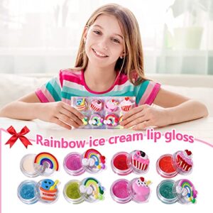 Mebtmel 8PCS Cute Lip Gloss for Girls, Party Favors Lip Balm Set for Kids, Assorted Fruity Flavors Cute Cupcake of Rainbow Designs Birthday Gift