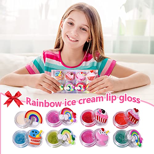 Mebtmel 8PCS Cute Lip Gloss for Girls, Party Favors Lip Balm Set for Kids, Assorted Fruity Flavors Cute Cupcake of Rainbow Designs Birthday Gift