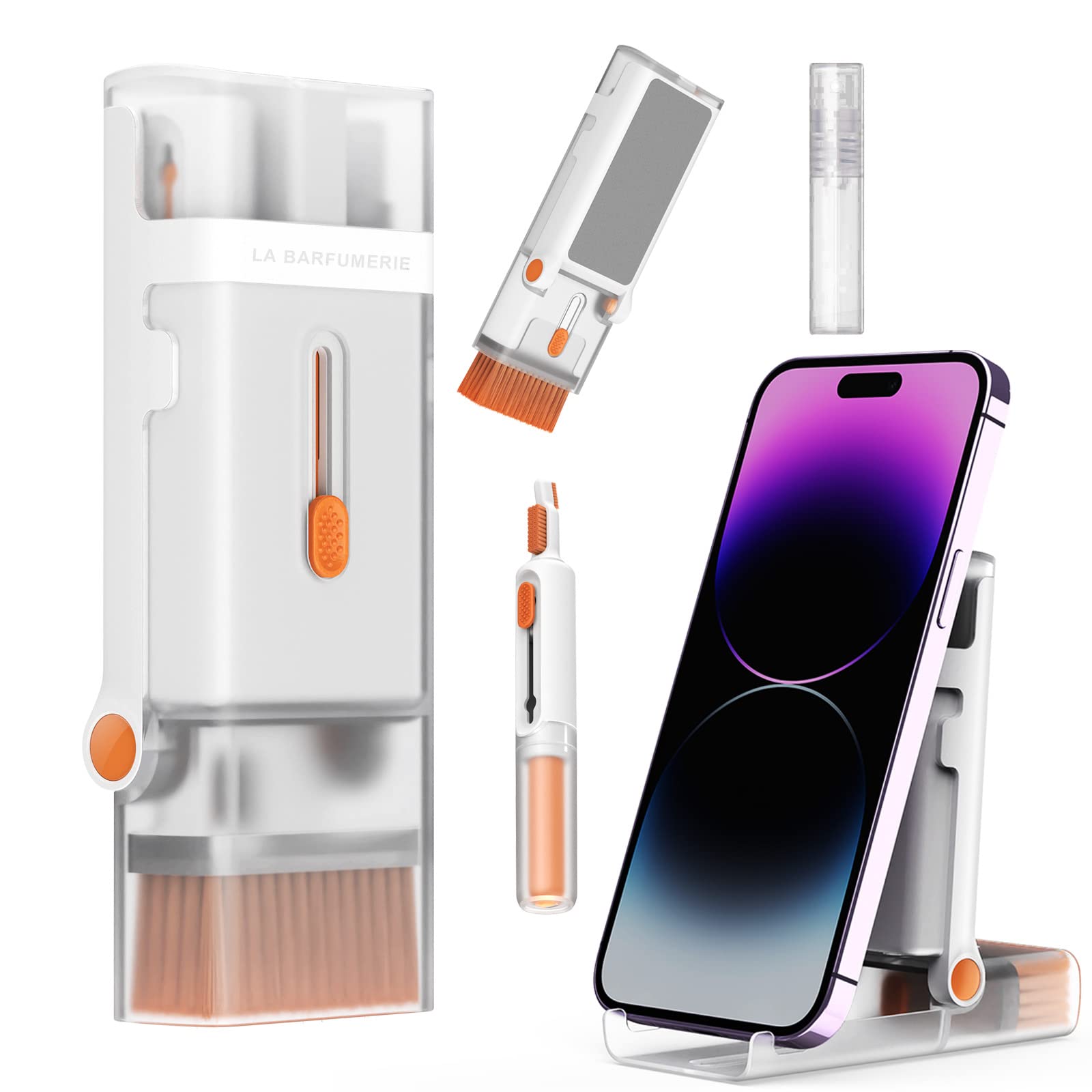 Electronics Cleaning Kit with Phone Stand. Keyboard Brush, Headphone Cleaning Tool, Screen Cleaner, Cell Phone Holder for Desk. Clean to Computer, MacBook, Laptop, iPhone, Airpods pro, Ipad. (Orange)